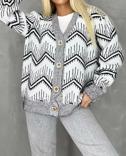 Damen Strickjacke Zigzag Muster Knöpfe Anthrazit
