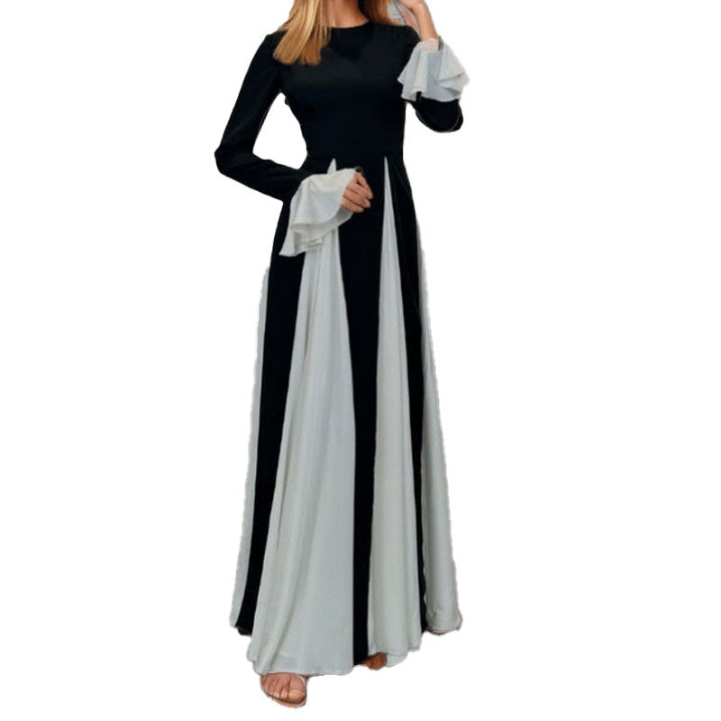 Damen Maxikleid mit Trompetenärmeln und Farbkontrast