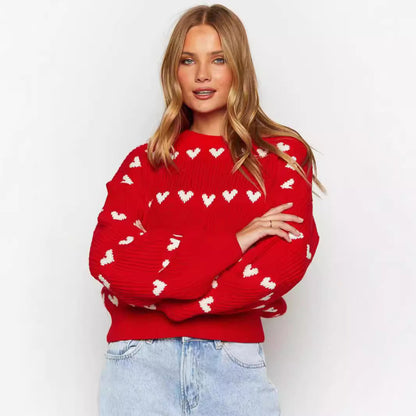 Damen Kuschelpullover Weiches Herzmuster Strick Eveloria