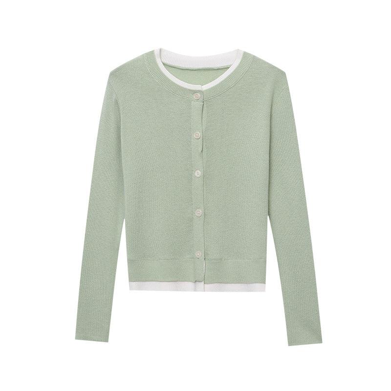 Damen Strickjacke Lässig Kontrastdetails Knöpfe Grau
