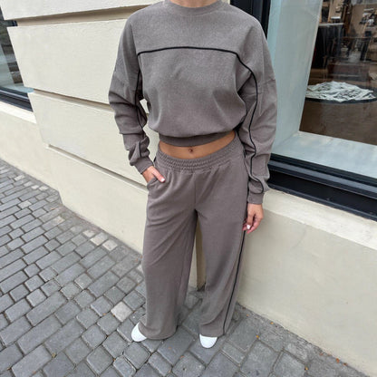 Damen Sportset Elastischer Bund Kontrastnähte Hose Oberteil Eveloria - Eveloria