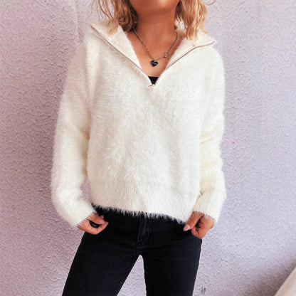 Damen Pullover Hohler Kragen Reißverschluss Kuschelig Grau Eveloria - Eveloria