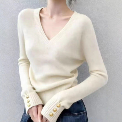 Damen Pullover V-Ausschnitt Feinripp mit Knöpfen Elegantes Design