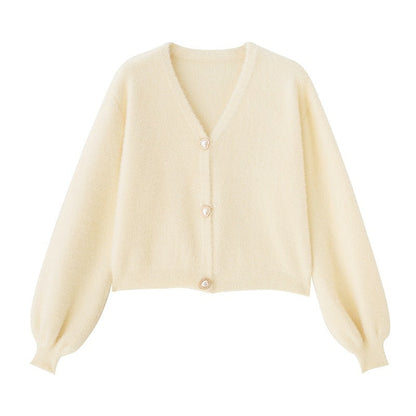 Damen Cardigan V-Ausschnitt Herzknöpfe
