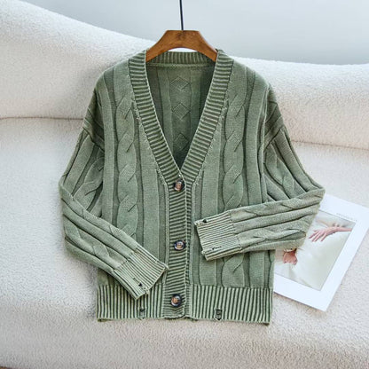 Damen Cardigan Grobstrick V-Ausschnitt Zopfmuster Beige