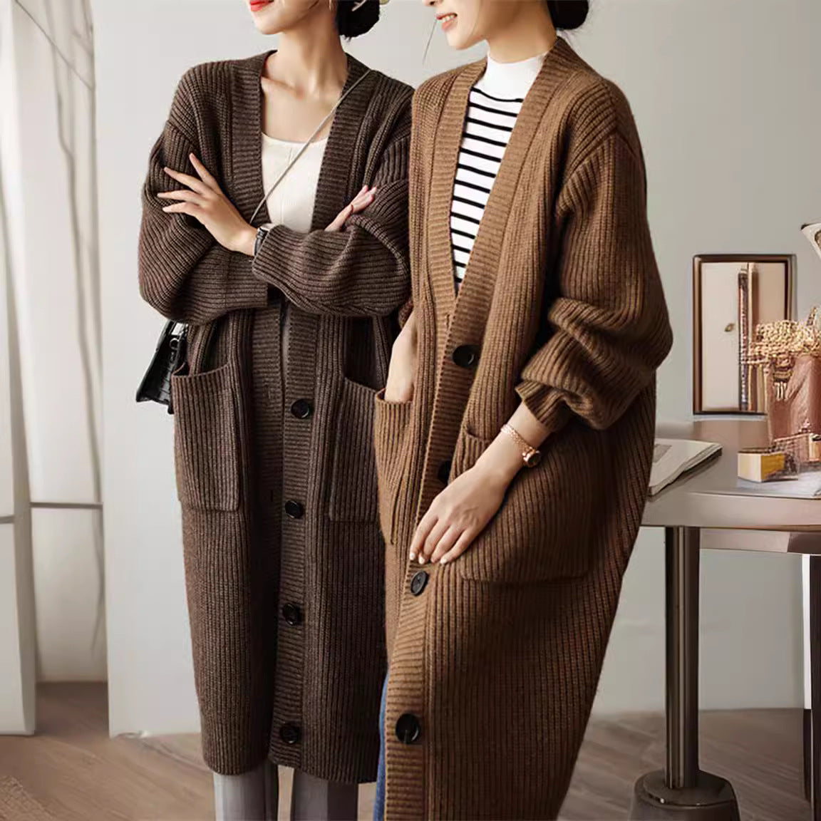Damen Strickcardigan Großzügig Geschnitten Mit Taschen Dekorativer - Eveloria