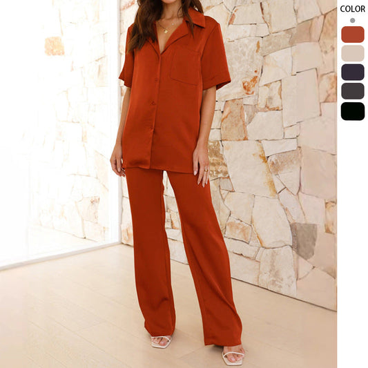 Damen Satin Schlafanzug Set Kurzarmbluse Weite Hose Eveloria - Eveloria