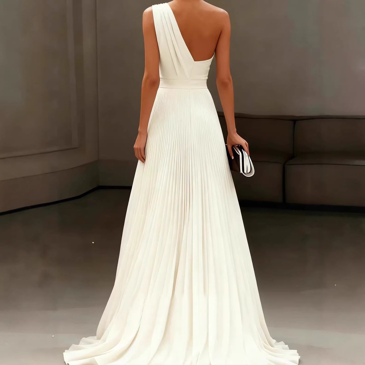 Damen Elegantes Schulterkleid Plissee Fließender Saum