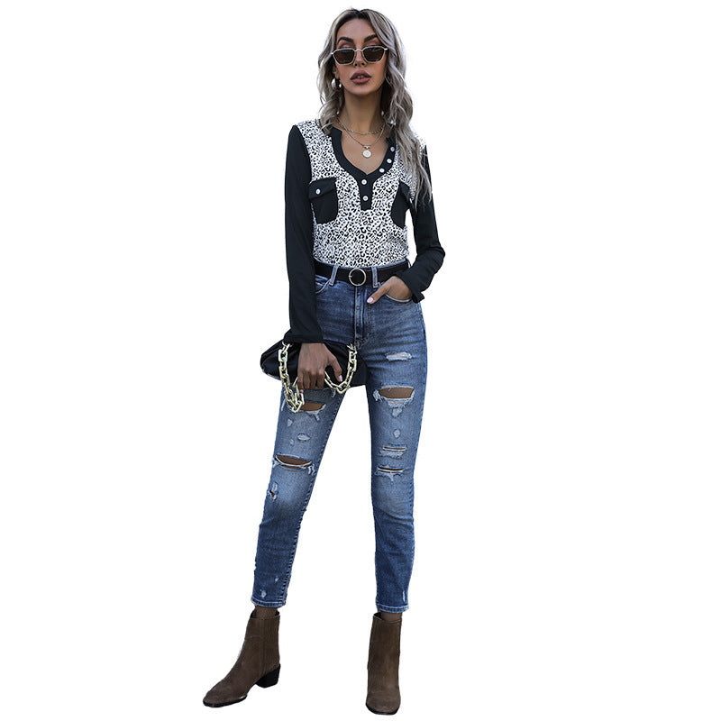 Damen Langarmshirt Leoprint mit Taschen