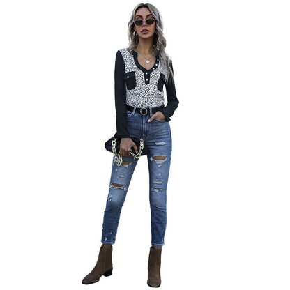 Damen Langarmshirt Leoprint mit Taschen