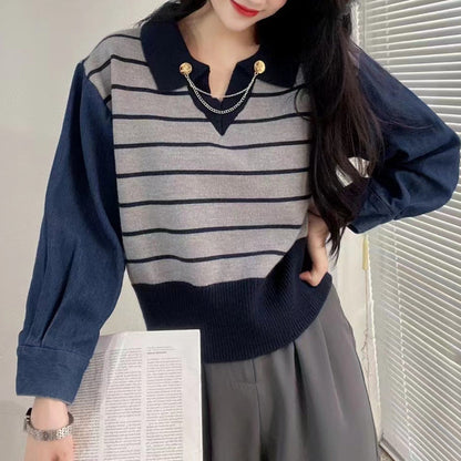 Damen Poloshirt Pullover Kontrastkragen Dekoratives Design Eveloria