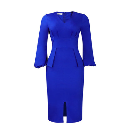 Damen Midi-Kleid Figurbetont Puffärmel Eveloria
