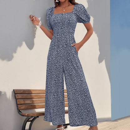Damen Jumpsuit Elastischer Bund Puffärmel Eveloria