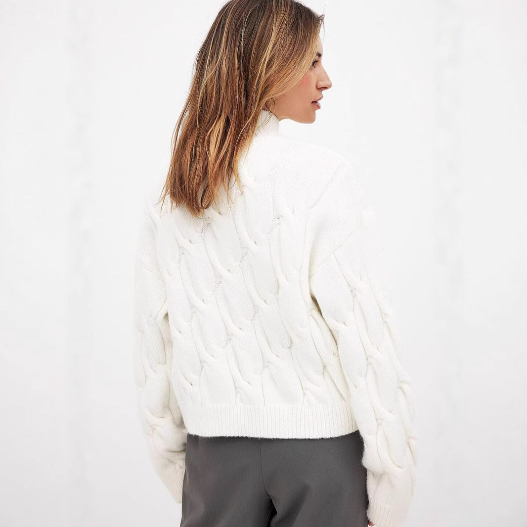 Damen Grobstrickpullover Hohler Kragen Zopfdesign Beige