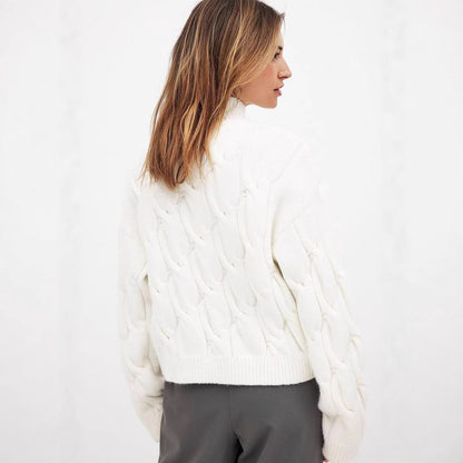 Damen Grobstrickpullover Hohler Kragen Zopfdesign Beige