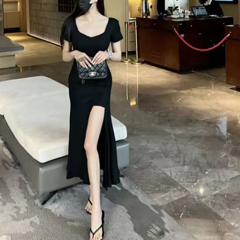 Damen Kleid Figurbetont Lange Version Raffungseffekt Hochschlitz - Eveloria