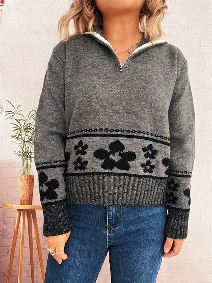 Damen Strickpullover Floralmuster Hochkragen Eveloria