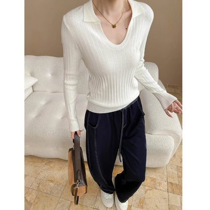 Damen Rippstrickpullover Lang V-Ausschnitt Eveloria