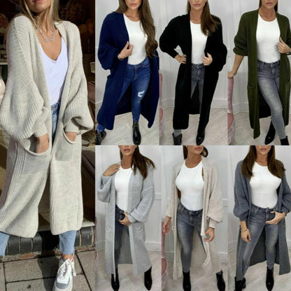 Damen Grobstrickmantel Offen Lässig Beige - Eveloria