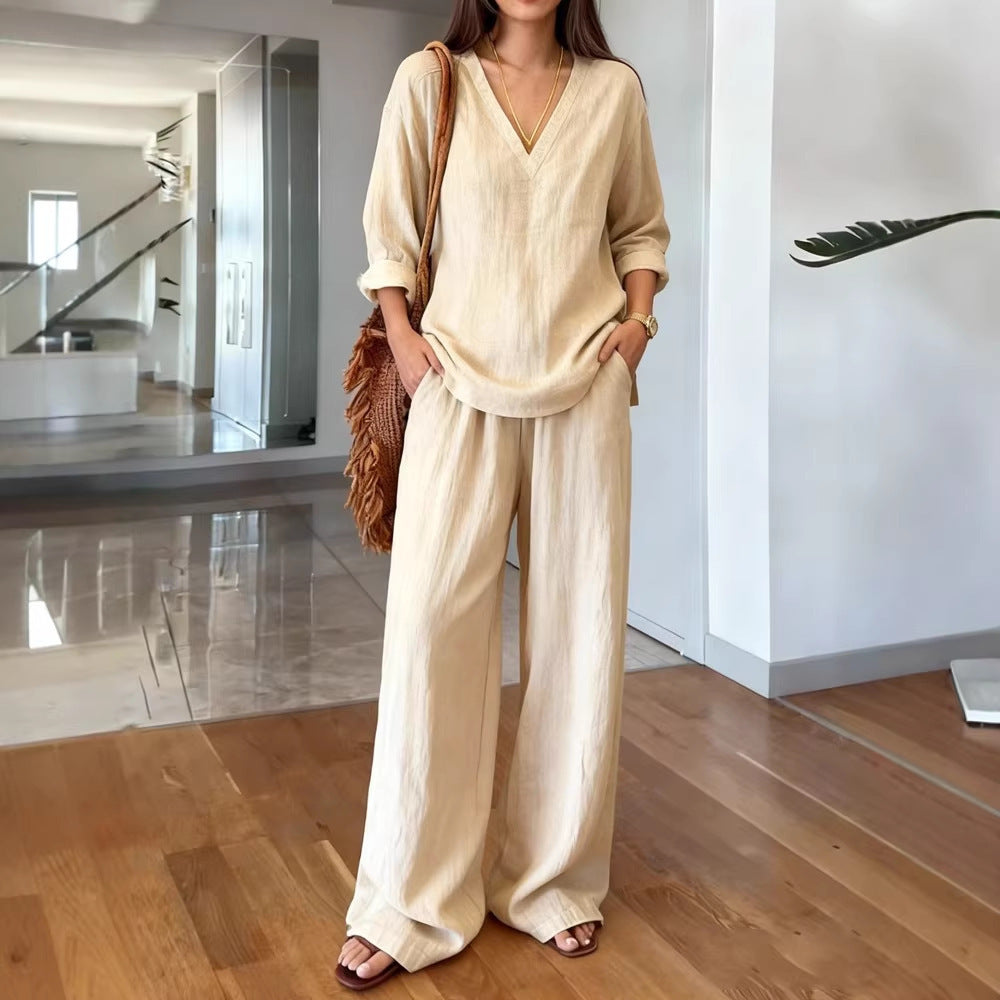 Damen Leinenoberteil und Palazzo-Hosen Set Leinen Beige
