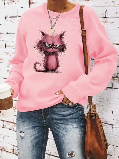 Damen Sweatshirt Katzenmotiv Eveloria Weiss