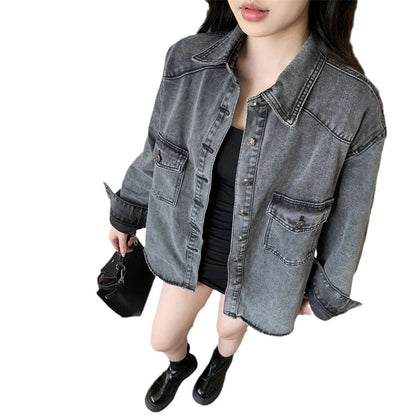 Damen Denim-Hemdjacke Lässig mit großen Taschen Blau Eveloria
