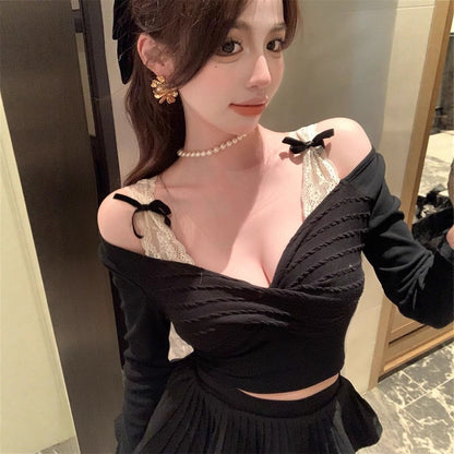 Damen Langarmshirt Spitze Raffung Elegant Weiß