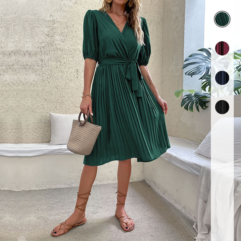 Damen Wickelkleid Voluminöse Ärmel Faltenrock Elegantes Design - Eveloria