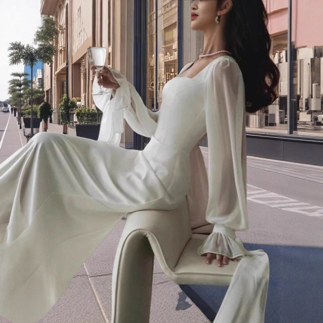 Damen Maxikleid Puffärmel Quadrat-Ausschnitt Eveloria