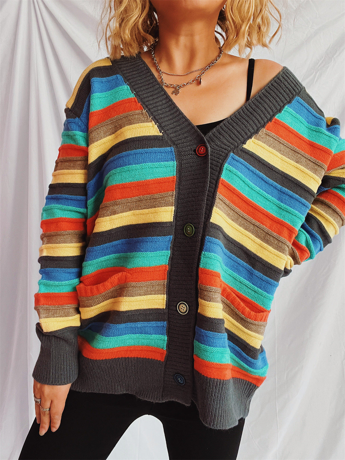Damen Strickjacke Bunt Streifenmuster Locker Eveloria