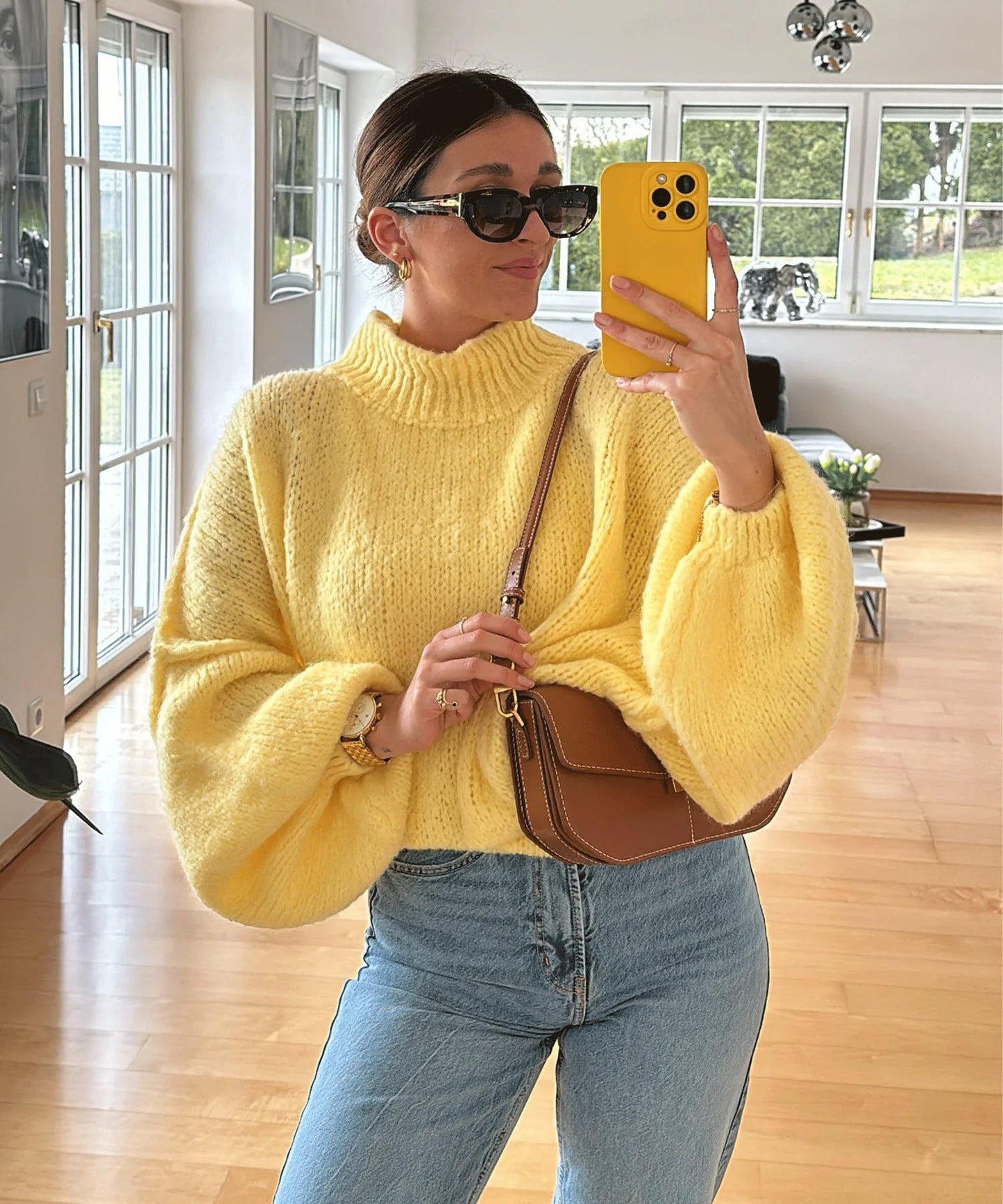 Damen Oversized Strickpullover Hoher Kragen Ballonärmel Eveloria