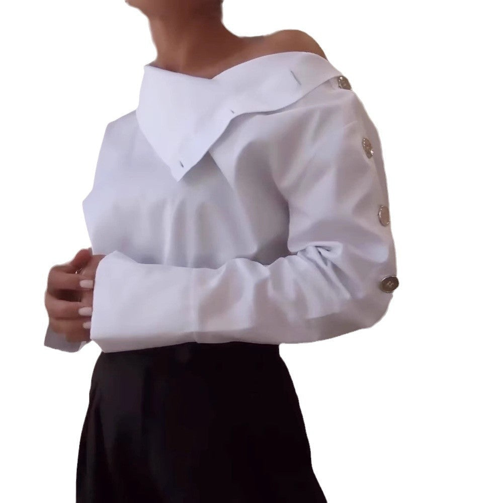 Damen Bluse Hohler Kragen Elegant Knöpfe Weiße Bluse Eveloria