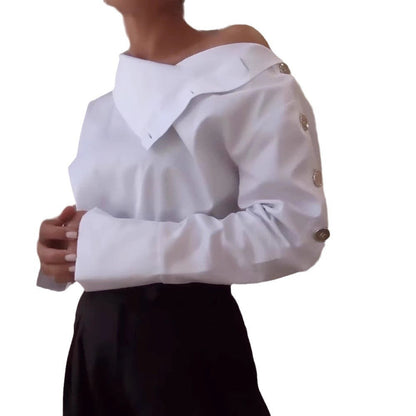 Damen Bluse Hohler Kragen Elegant Knöpfe Weiße Bluse Eveloria