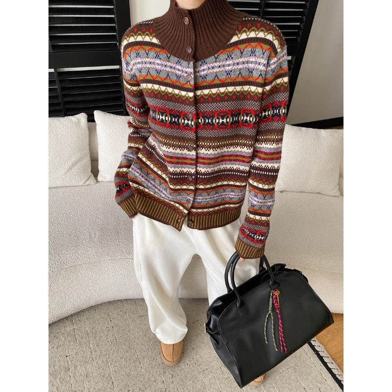 Damen Strickjacke Bunt Muster Knöpfe