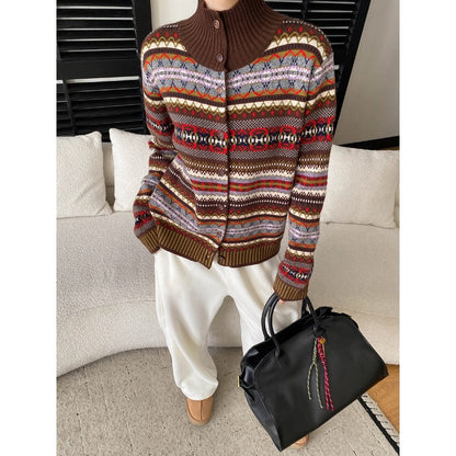 Damen Strickjacke Bunt Muster Knöpfe