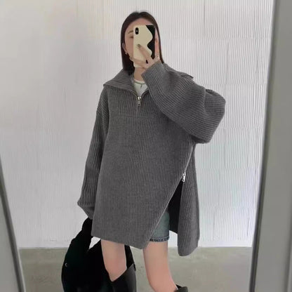 Damen Strickpullover Hochkragen Reißverschluss Beige Eveloria