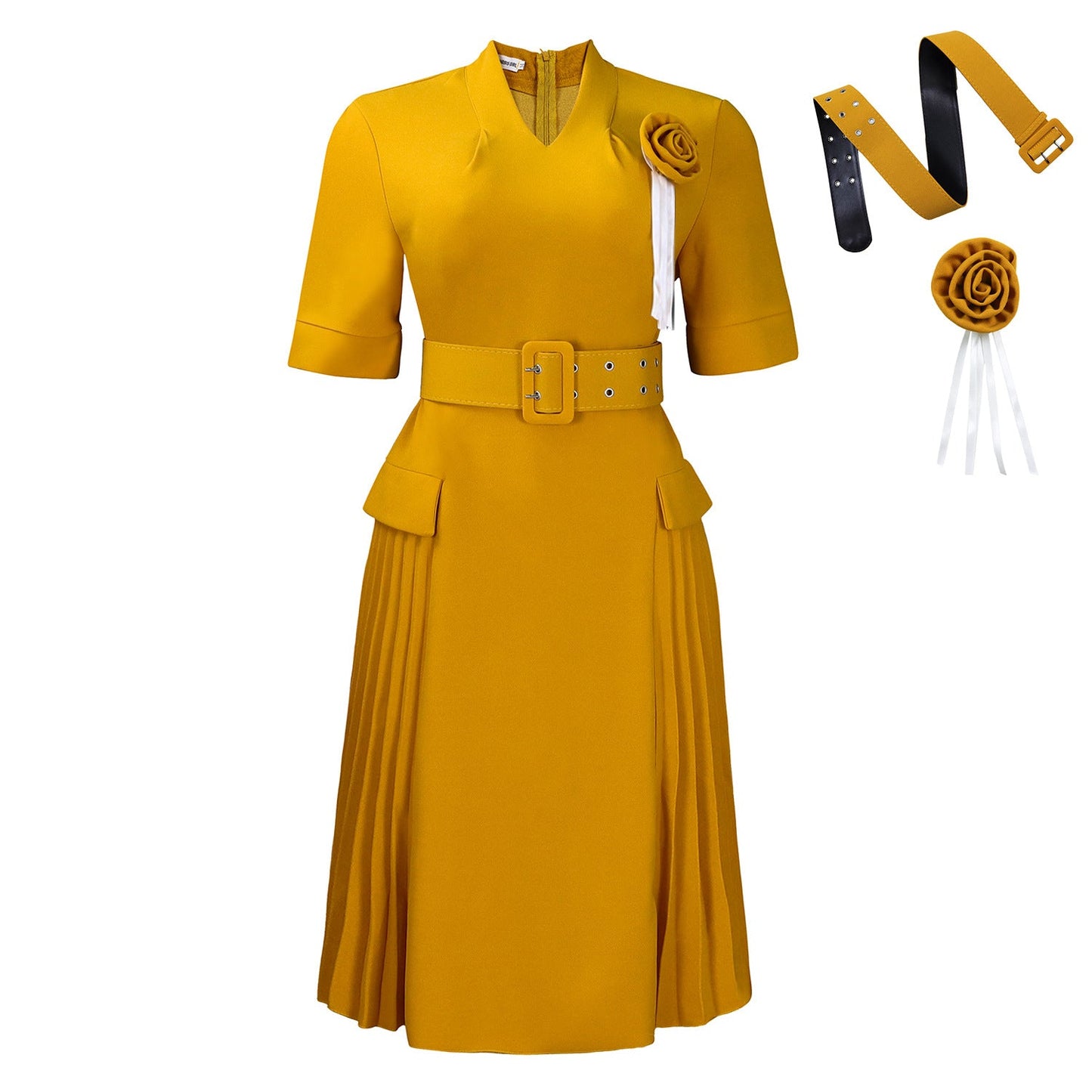 Damen Midi-Kleid mit Gürtel und Rüsche