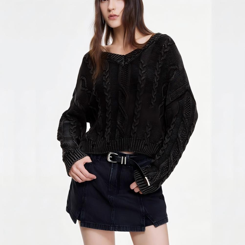 Damen Grobstrickpullover V-Ausschnitt Zopfmuster Eveloria