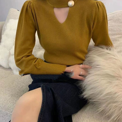 Damen Pullover V-Ausschnitt Dekorativer Knopfleiste