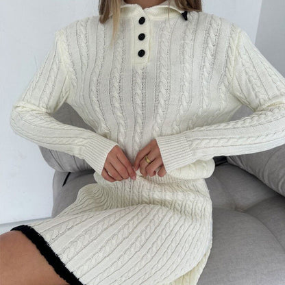 Damen Strickkleid Feines Zopfmuster Hochkragen