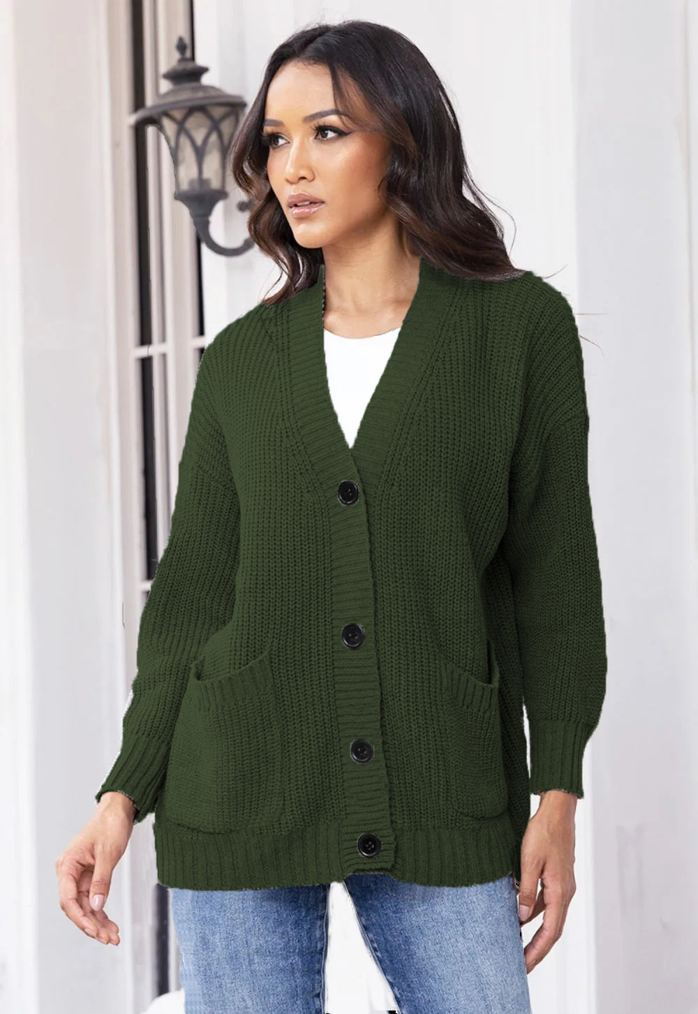 Damen Cardigan Grobstrick mit großen Taschen V-Ausschnitt Beige
