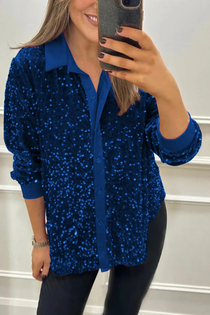 Damen Paillettenbluse Klassischer Kragen Langer Ärmel Glitzer Effekt