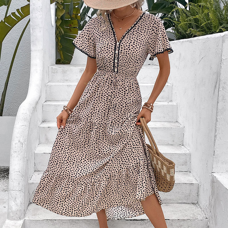 Damen Maxikleid Rüschendetails Knopfverschluss Eveloria