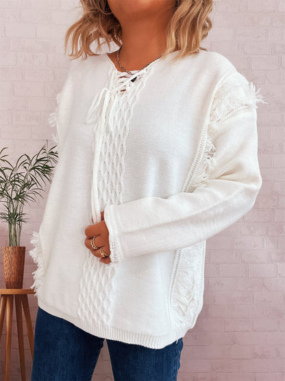 Damen Grobstrickpullover Lässige Fransen Zopfdesign Beige