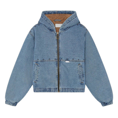 Damen Jeansjacke Kapuze Taschen Eveloria