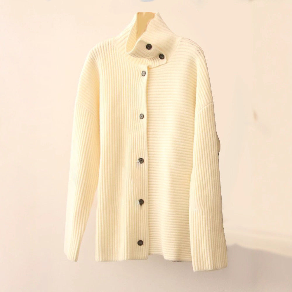 Damen Grobstrickcardigan Hochkragen Knopfleiste Beige