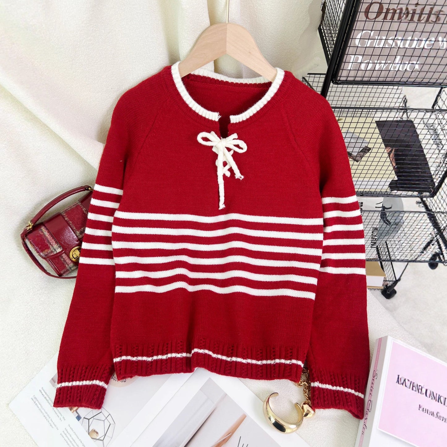 Damen Pullover Streifenmuster Seitlicher Kordelzug Modern Eveloria