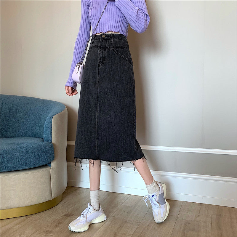 Damen Denimrock Midi unregelmäßiger Saum Blau Eveloria