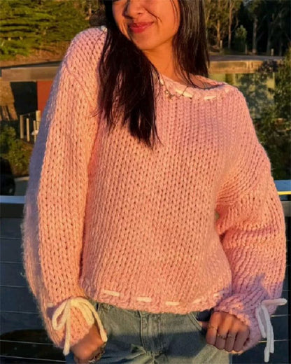 Damen Pullover Locker Kordelverschluss Beige Eveloria