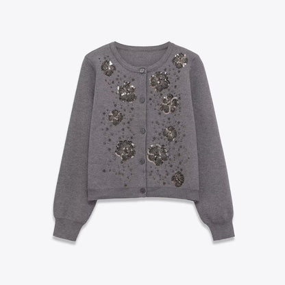 Damen Strickjacke Glitzernde Blüten Details Eveloria